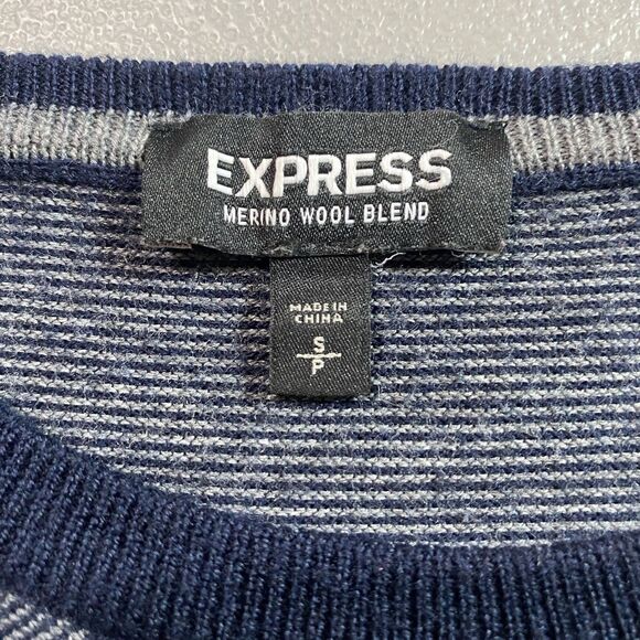 EXPRESS Mens Pullover Sweater Merino Wool Blend Long Sleeve S Blue Preppy Grunge - Picture 3 of 9